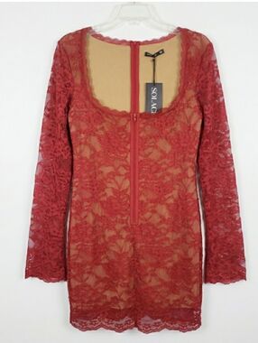 Solace London red Lace long-sleeve sheer dress-lined. New